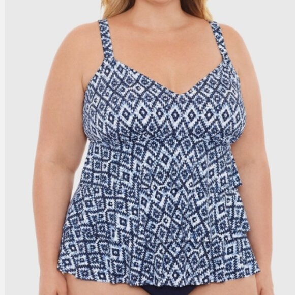 NWT! Swim Solutions Navy Blue Geometric Tummy Control One Piece Swimsuit NEW! - Picture 1 of 3